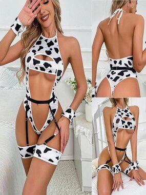 Women's Sexy Lingerie Milk Cow Cosplay Bodysuit Bra Panty Underwear Garter Set